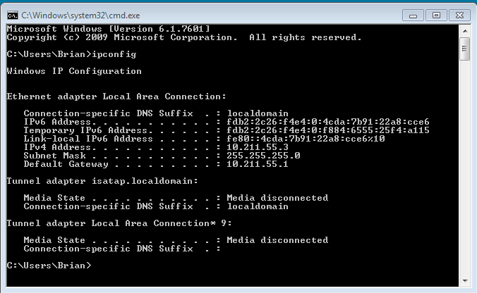 How To Get Your Local IP Address on Windows 7 - Step 3 - ipconfig results for windows 7