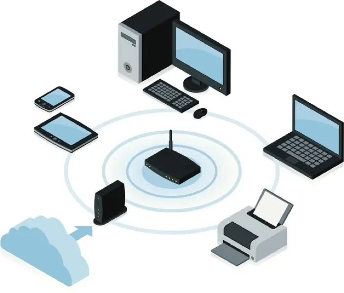 A modem and router share connectivity with devices