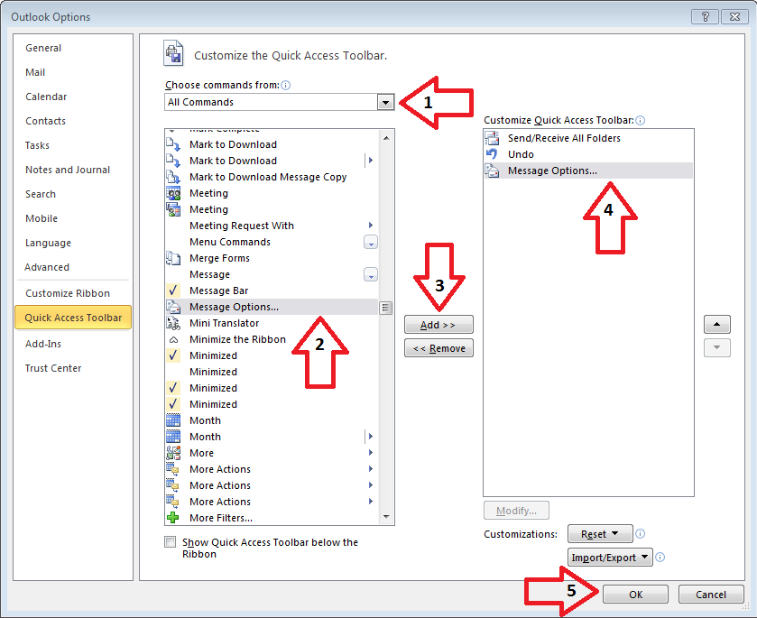 outlook 2010 through 2013 add Message Options to toolbar