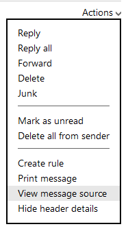 Live menu where view message source is selected to get to email header to Trace an email from Live, Hotmail, and Outlook